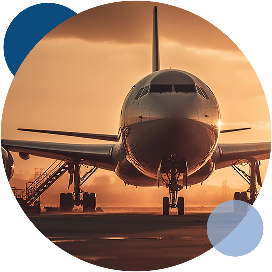 A large airplane on the runway at sunset, symbolizing safe travel and health precautions in aviation.